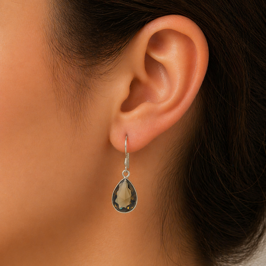 Smoky Quartz Sterling Silver Teardrop Earrings for Women SEAR-624