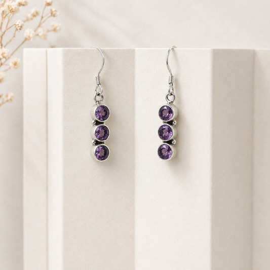 Triple Kunzite Drop Earrings in Sterling Silver for Elegant Style SEAR-625