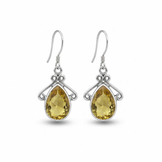 Vintage Citrine Teardrop Earrings in Sterling Silver Dangle Style SEAR-626