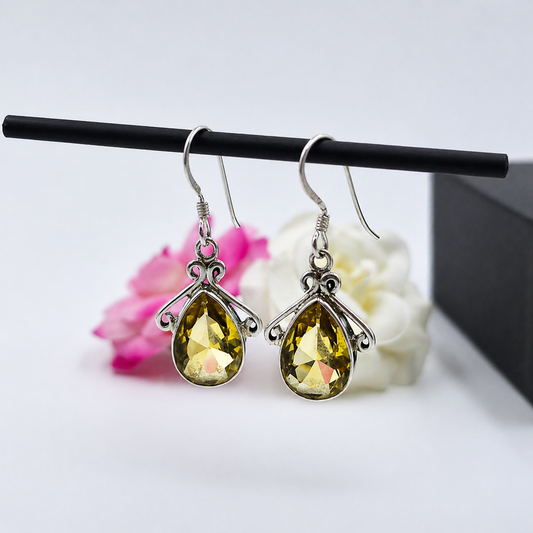 Vintage Citrine Teardrop Earrings in Sterling Silver Dangle Style SEAR-626