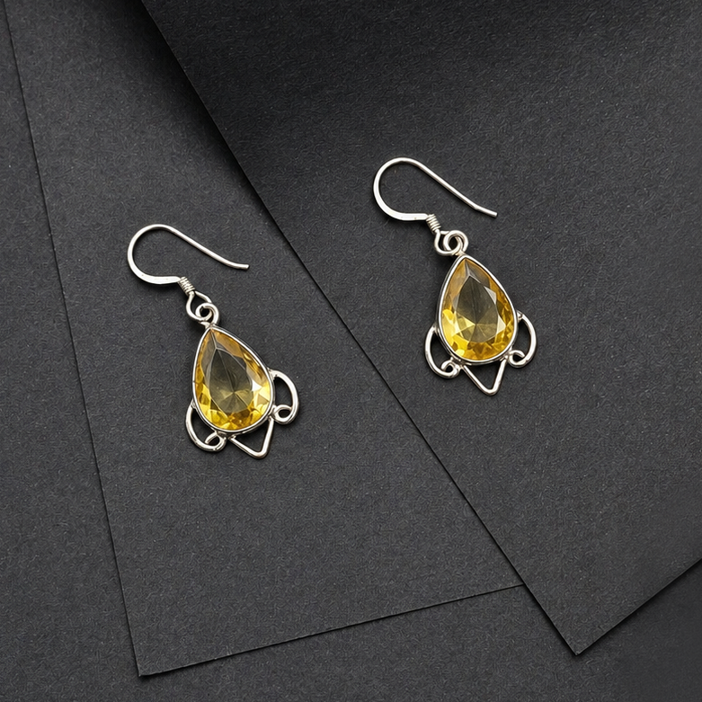 Citrine Teardrop Dangle Earrings in Sterling Silver Vintage Design SEAR-627