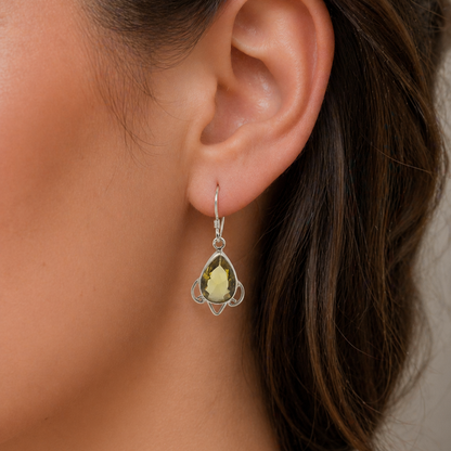 Citrine Teardrop Dangle Earrings in Sterling Silver Vintage Design SEAR-627