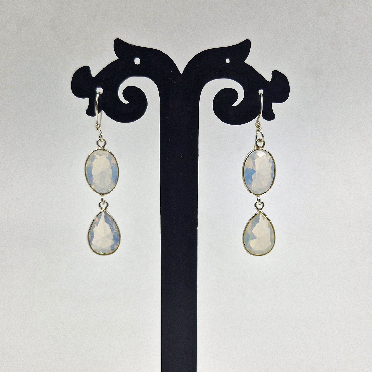 Opal Double Drop Earrings in Sterling Silver Elegant Dangle Style SEAR-628