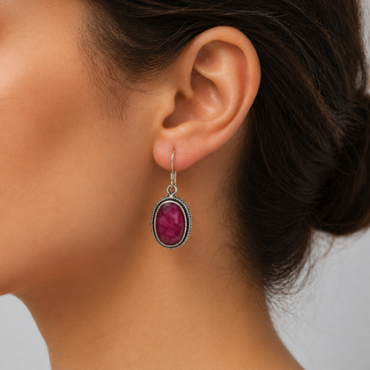 Pink Ruby Oval Drop Earrings 925 Silver Handmade Gemstone Jewelry SEAR-633