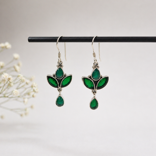 Chrome Diopside Emerald Quartz Floral Silver Dangle Earrings SEAR-634