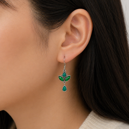Chrome Diopside Emerald Quartz Floral Silver Dangle Earrings SEAR-634