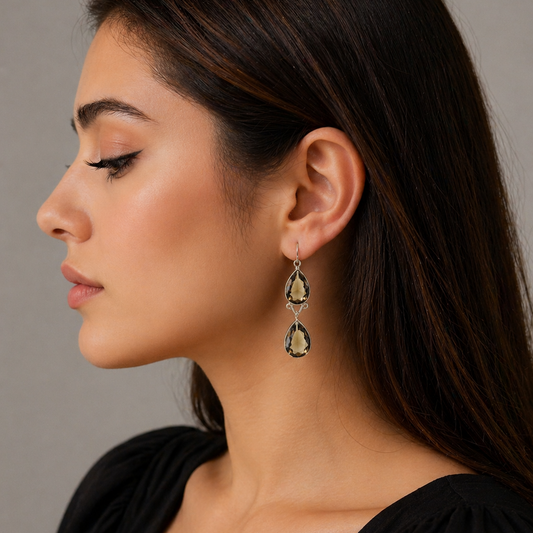 Smoky Quartz Double Teardrop Silver Dangle Earrings for Women SEAR-636
