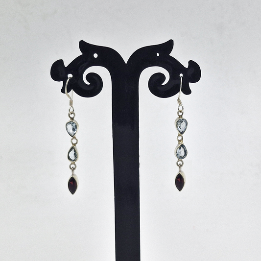 Blue Topaz Garnet Dangle Earrings 925 Silver Gemstone Jewelry SEAR-638