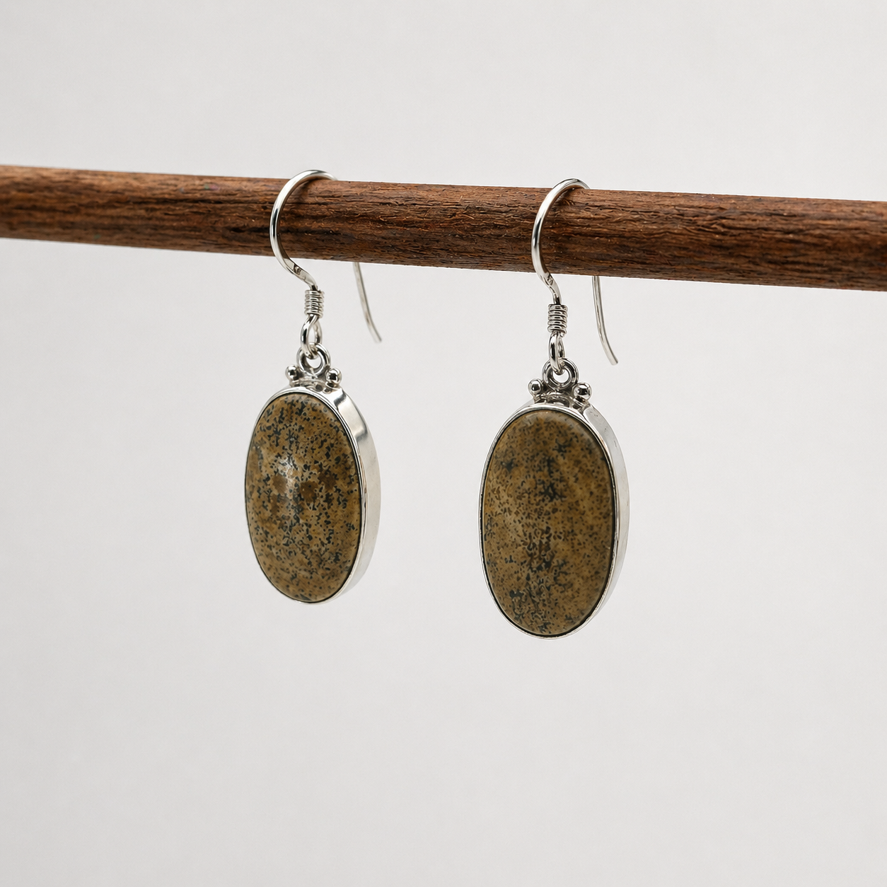 Natural Jasper Oval Silver Dangle Earrings Handmade Boho Jewelry SEAR-642