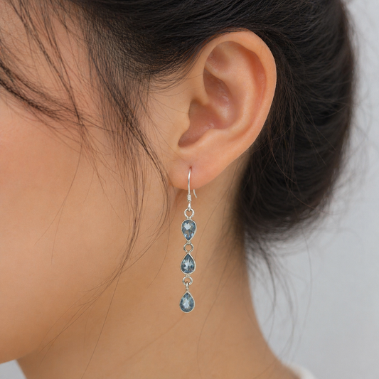 Blue Topaz Triple Drop Silver Earrings Elegant Dangle Jewelry SEAR-643