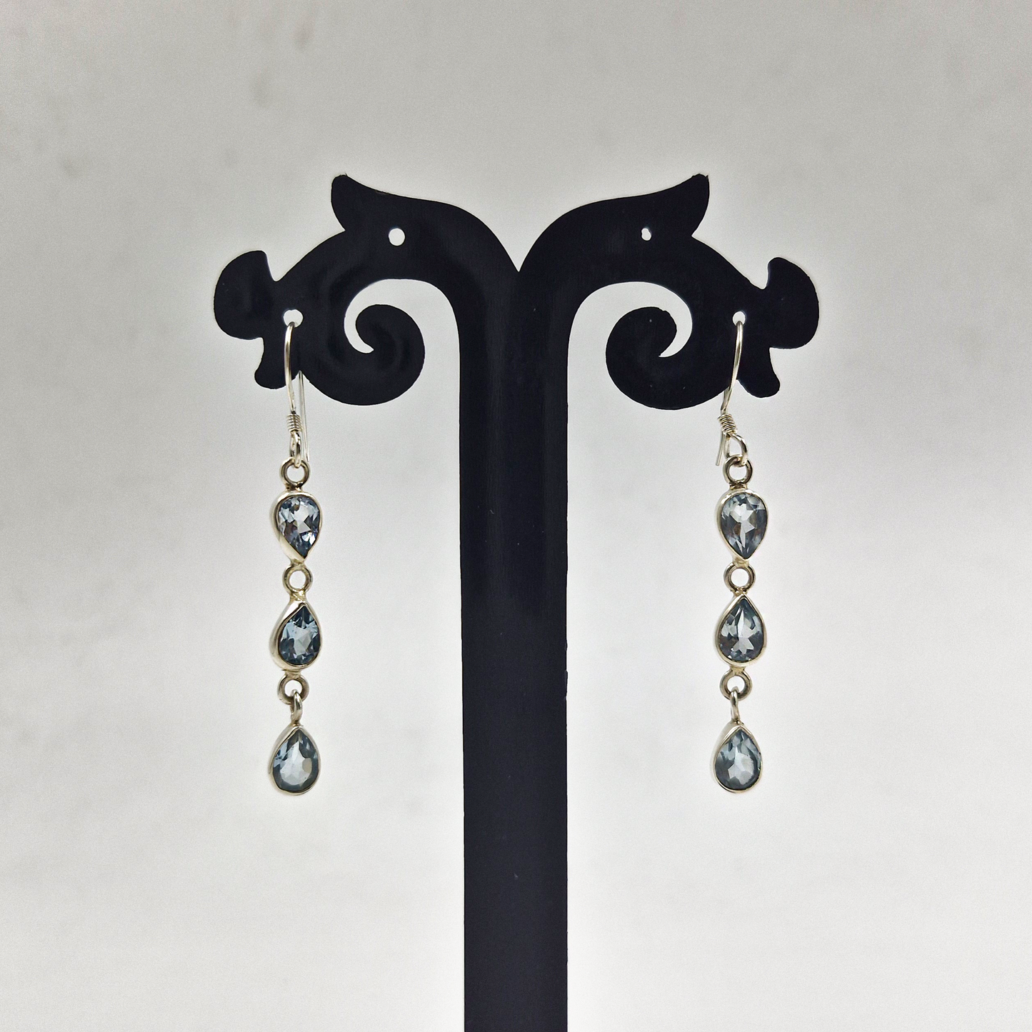 Blue Topaz Triple Drop Silver Earrings Elegant Dangle Jewelry SEAR-643