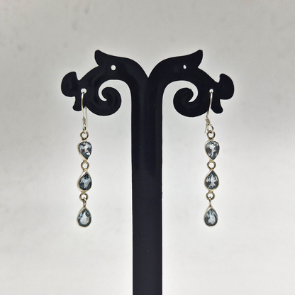 Blue Topaz Triple Drop Silver Earrings Elegant Dangle Jewelry SEAR-643
