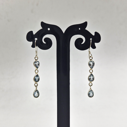 Blue Topaz Triple Drop Silver Earrings Elegant Dangle Jewelry SEAR-643