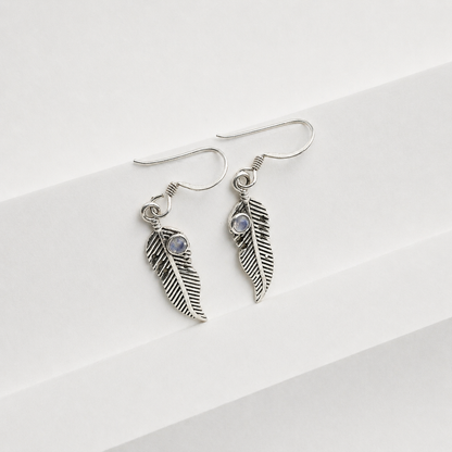 Faceted Moonstone Feather Drop Earrings in Sterling Silver SEAR-645