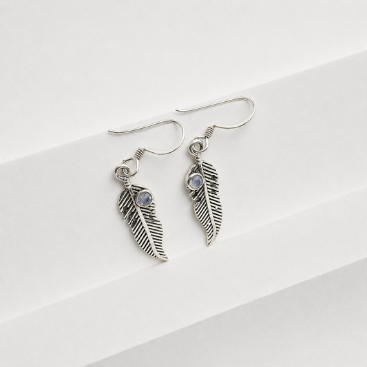 Faceted Moonstone Feather Drop Earrings in Sterling Silver SEAR-645