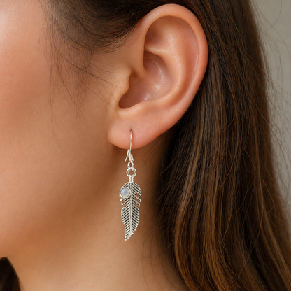 Faceted Moonstone Feather Drop Earrings in Sterling Silver SEAR-645
