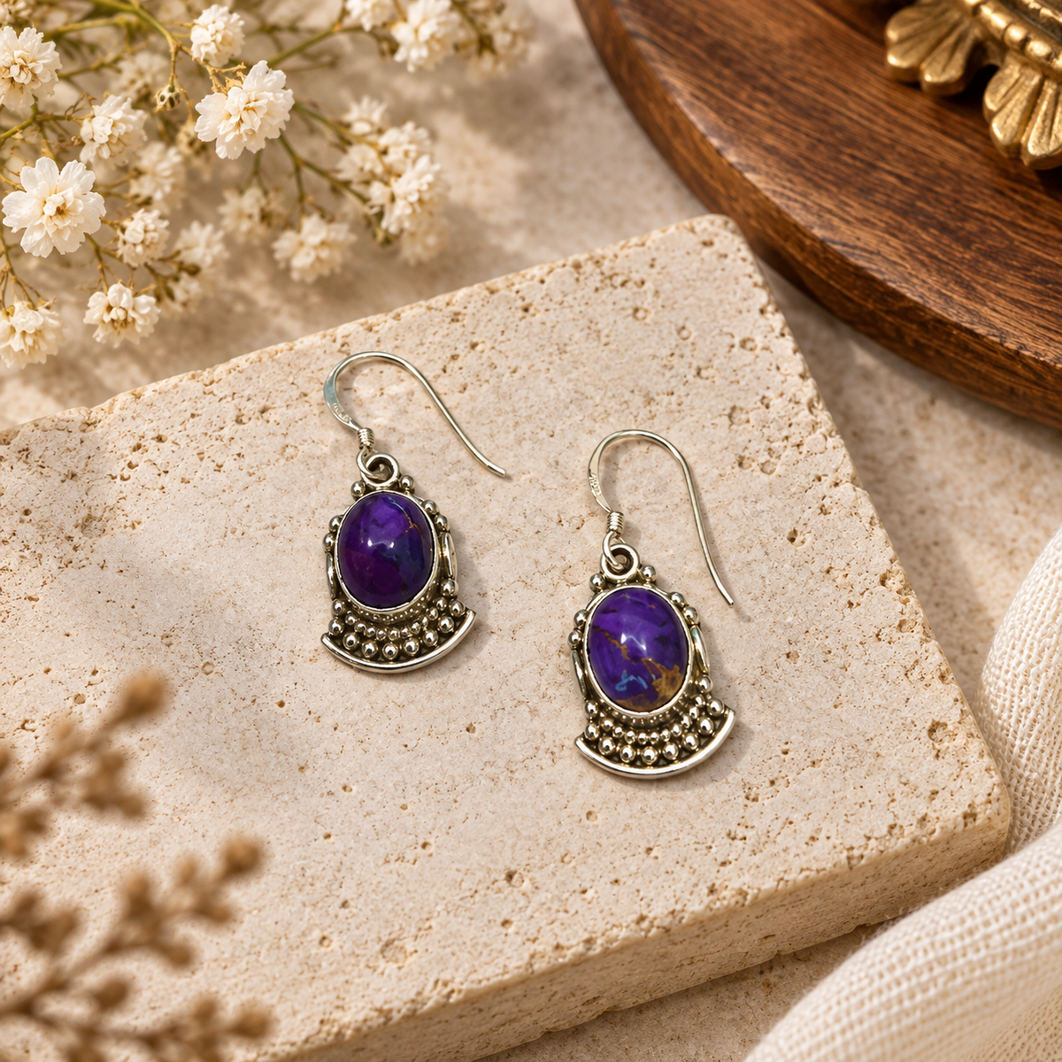 Purple Turquoise Gemstone Solid 925 Sterling Silver Earring 1" SE-655