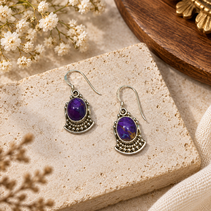 Purple Turquoise Gemstone Solid 925 Sterling Silver Earring 1" SE-655