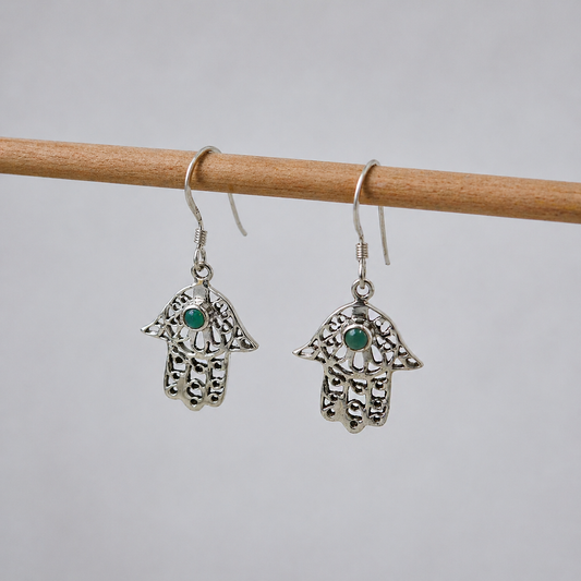 Green Onyx Hamsa Hand Earrings in Sterling Silver Jewelry SEAR-875