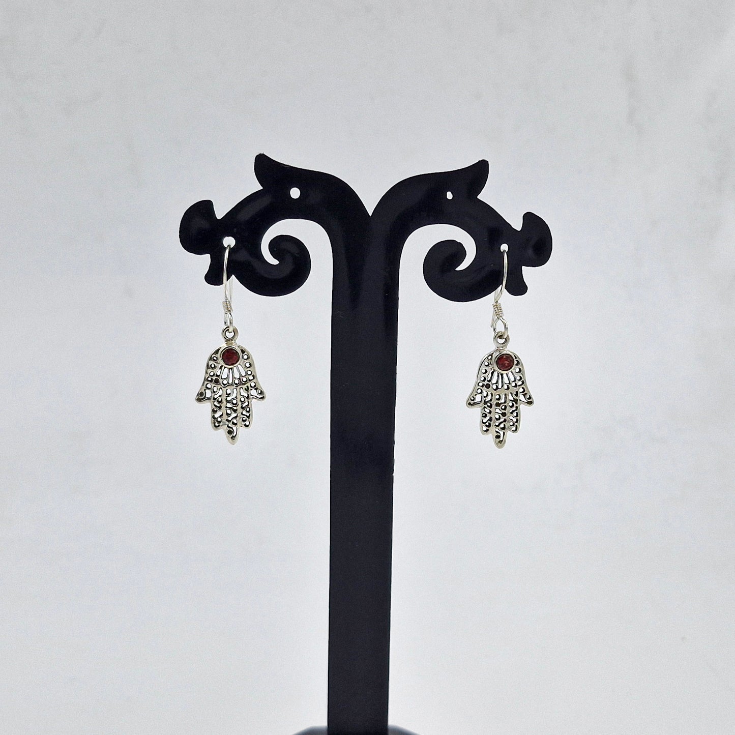 Red Garnet Hamsa Hand Sterling Silver Dangle Earrings for Women SEAR-876