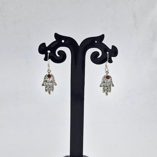 Red Garnet Hamsa Hand Sterling Silver Dangle Earrings for Women SEAR-876