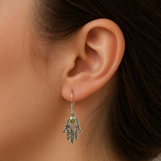 Citrine Hamsa Hand Sterling Silver Dangle Earrings for Women SEAR-877