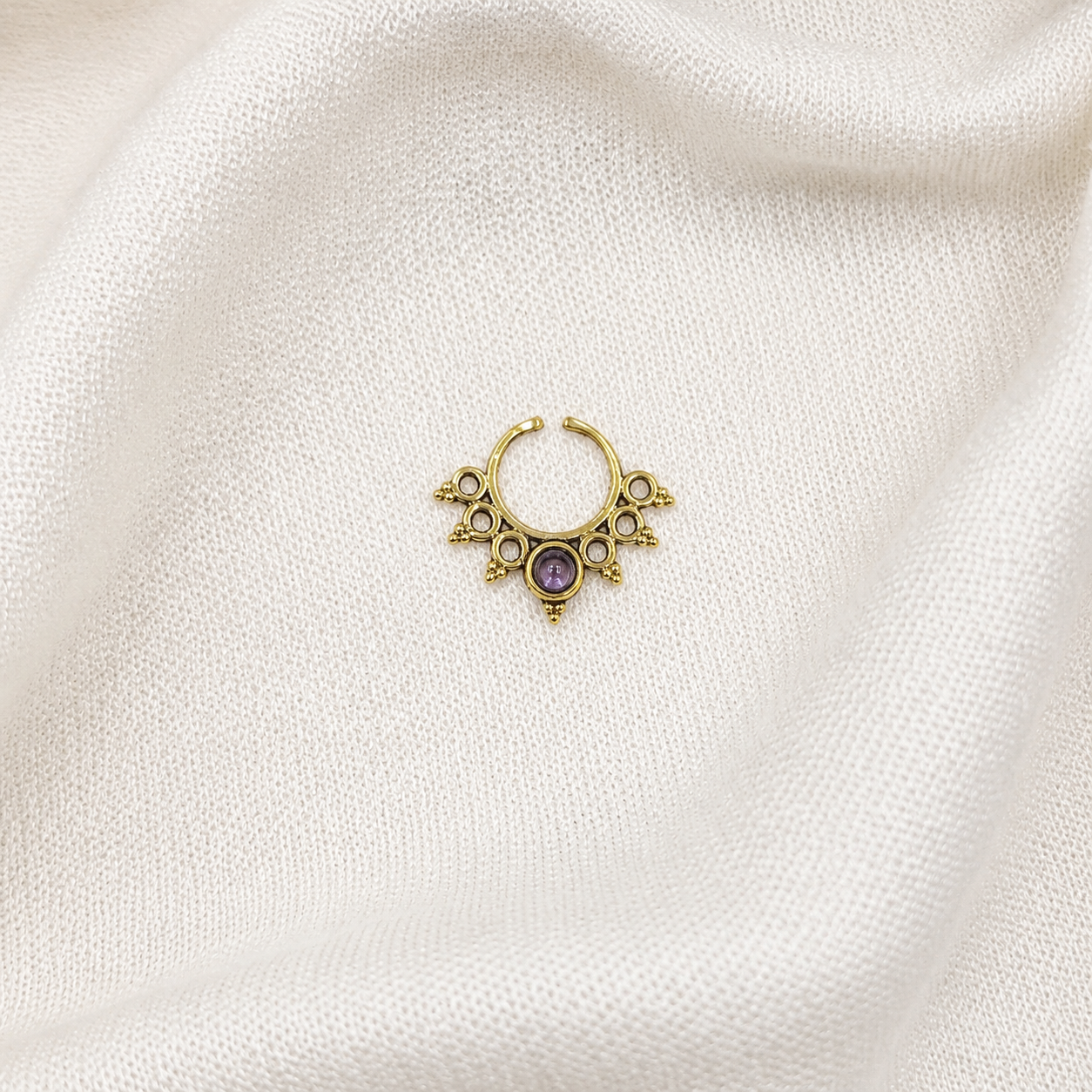 Gold Boho Nose Ring, Purple Gemstone Hoop, Celestial Body Jewelry, SEP04-BRS-LAMT01
