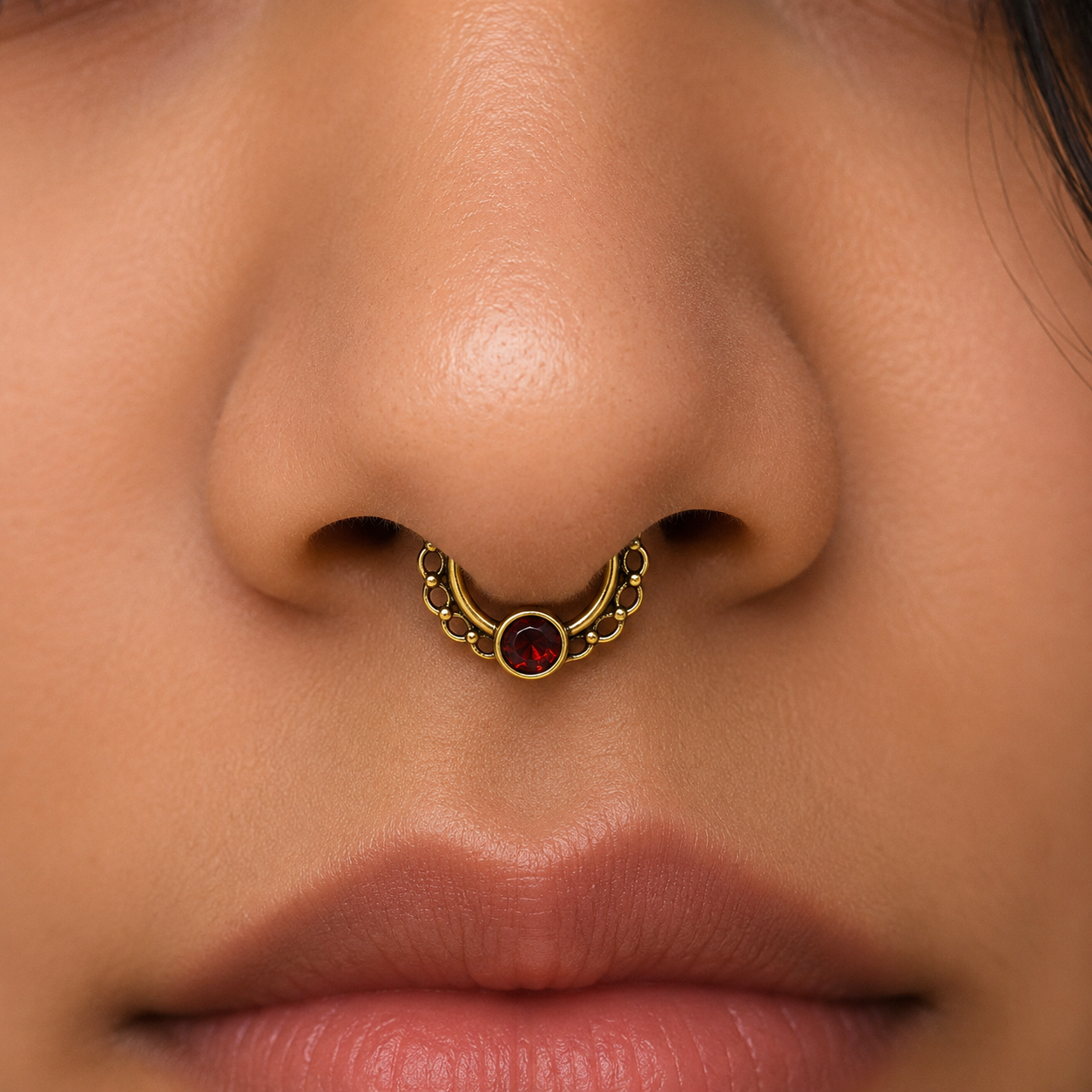 Gold Nose Hoop Garnet Gemstone Non Piercing Boho Celestial Fake Septum SEP05-BRS-LGR01