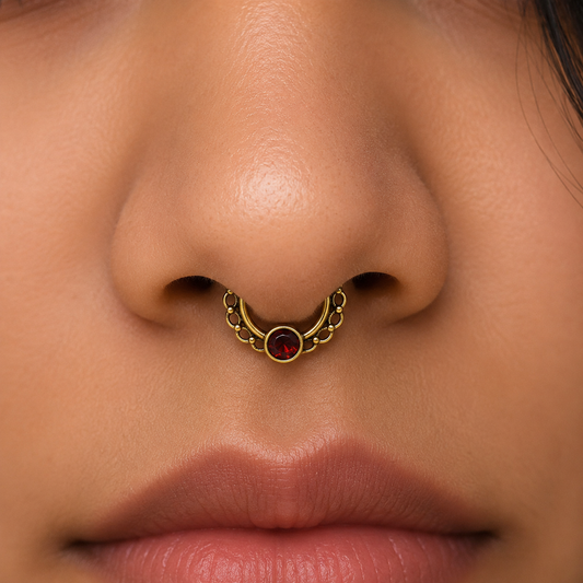 Gold Nose Hoop Garnet Gemstone Non Piercing Boho Celestial Fake Septum SEP05-BRS-LGR01