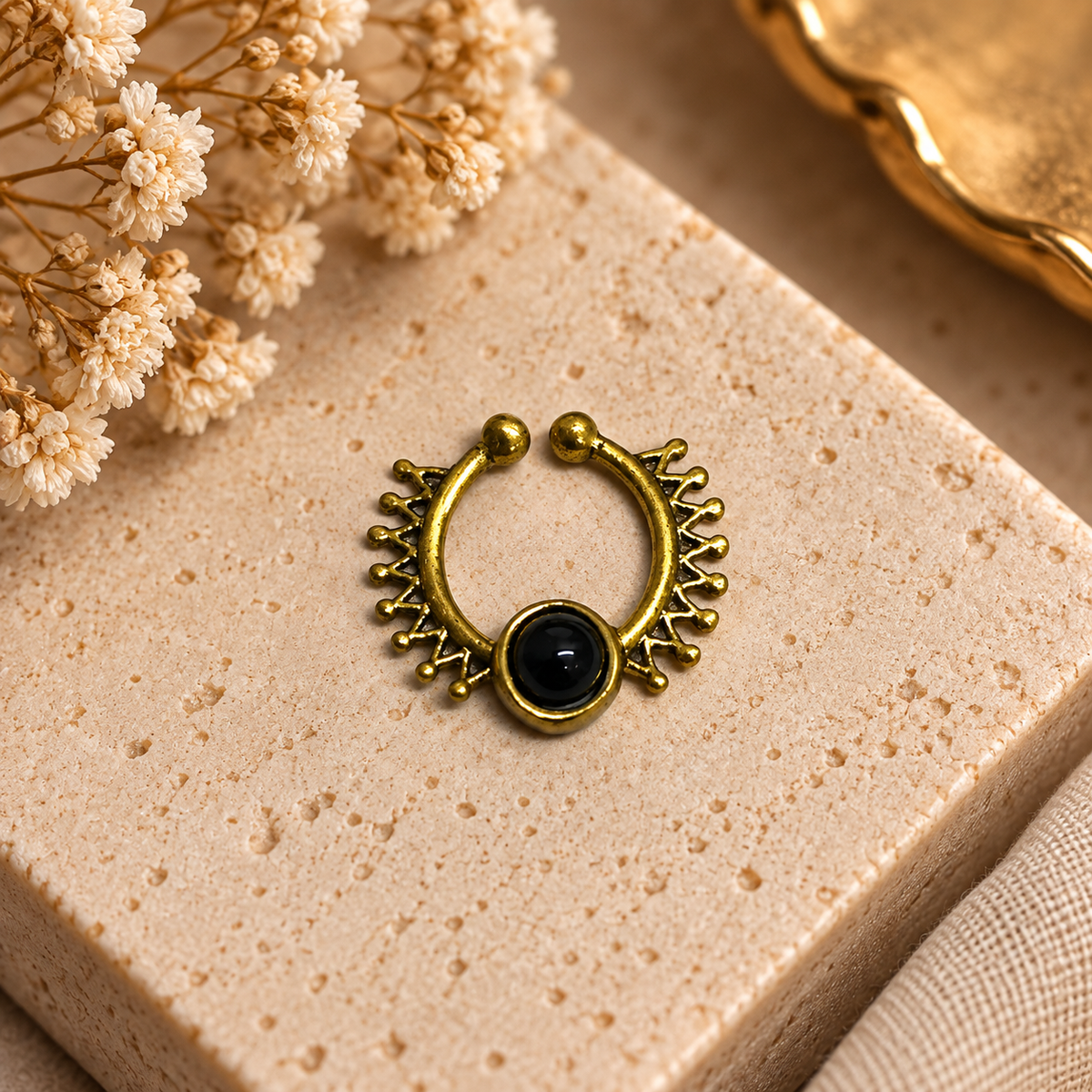 Gold Black Onyx Nose Ring Sunburst Hoop Boho Septum Jewelry SEP08-BRS-NBO01