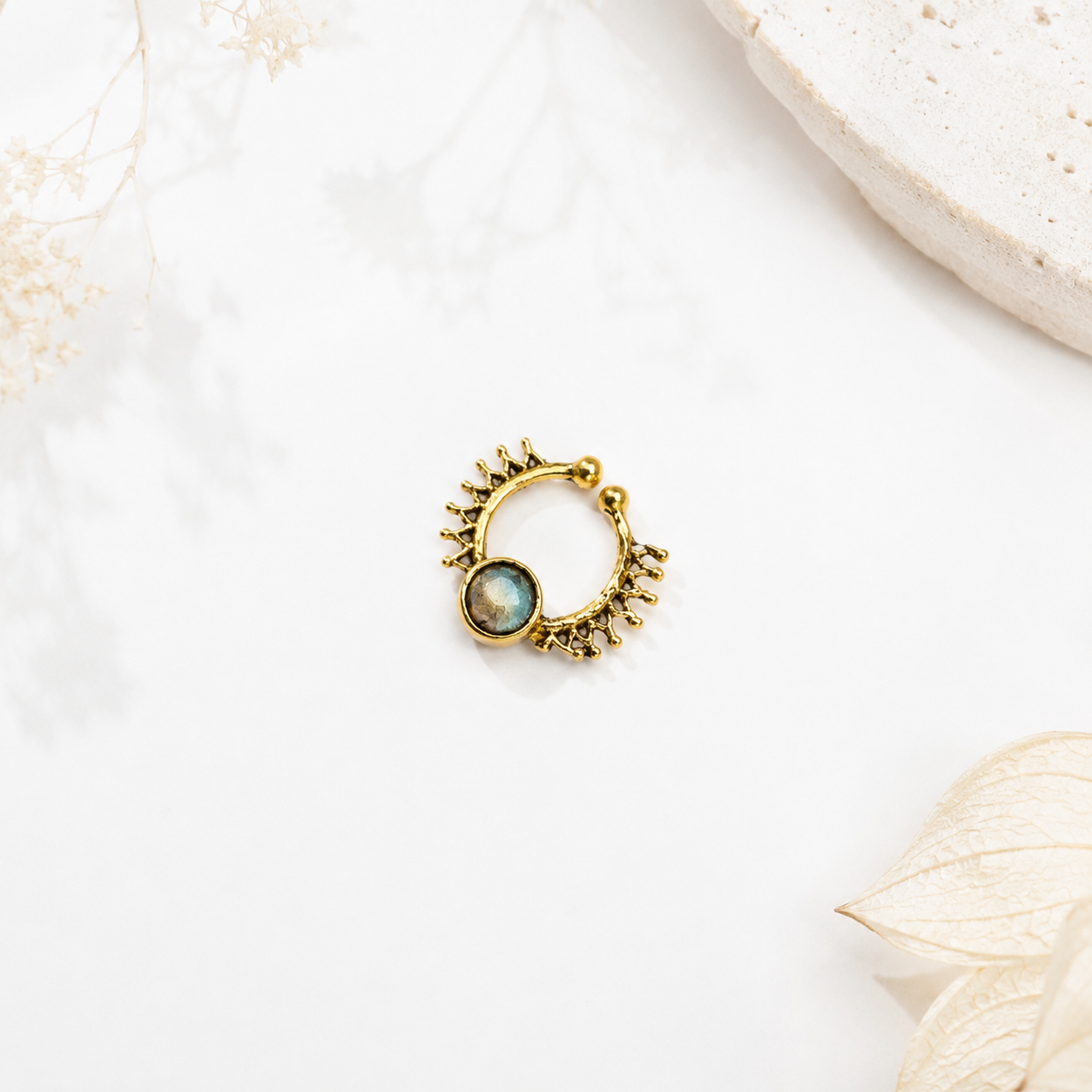 Gold Labradorite Nose Ring Sunburst Hoop Boho Septum Jewelry SEP08-BRS-NLBD01