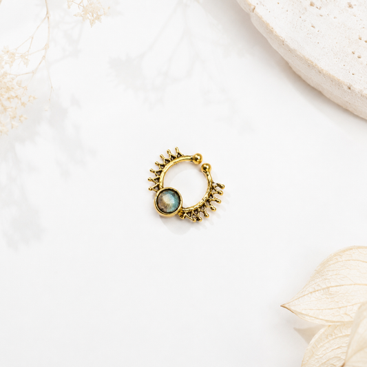Gold Labradorite Nose Ring Sunburst Hoop Boho Septum Jewelry SEP08-BRS-NLBD01