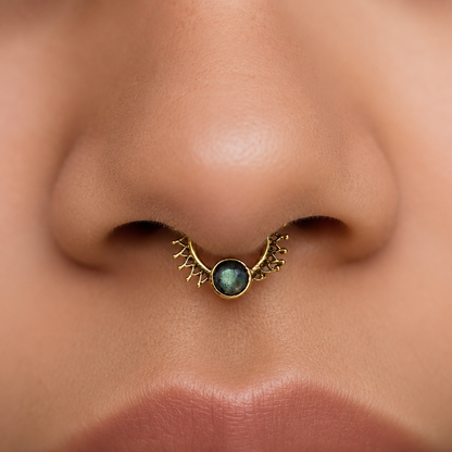 Gold Labradorite Nose Ring Sunburst Hoop Boho Septum Jewelry SEP08-BRS-NLBD01