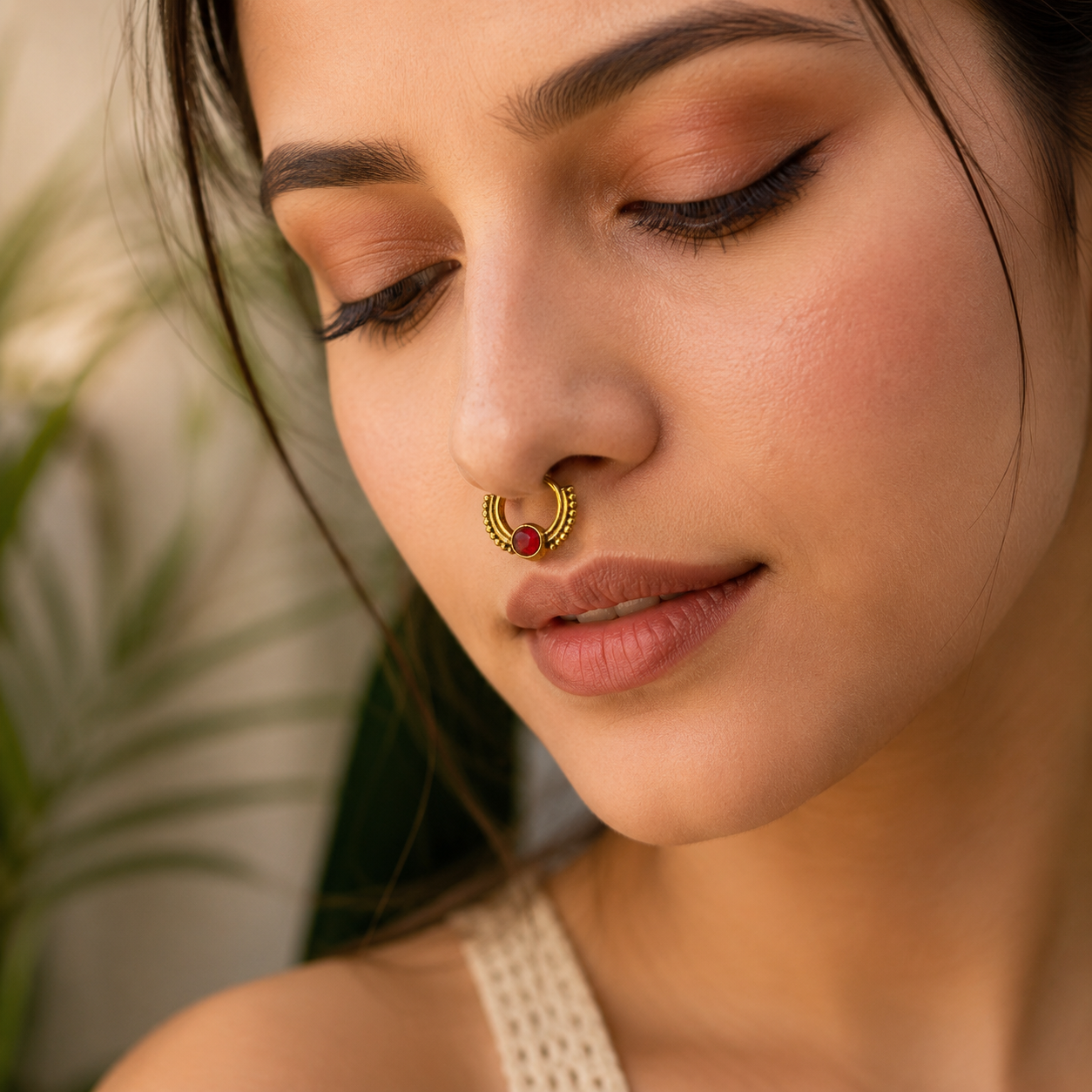 Carnelian Gemstone Nose Ring Ornate Hoop Bohemian Septum Ethnic Jewelry SEP09-BRS-LCL01