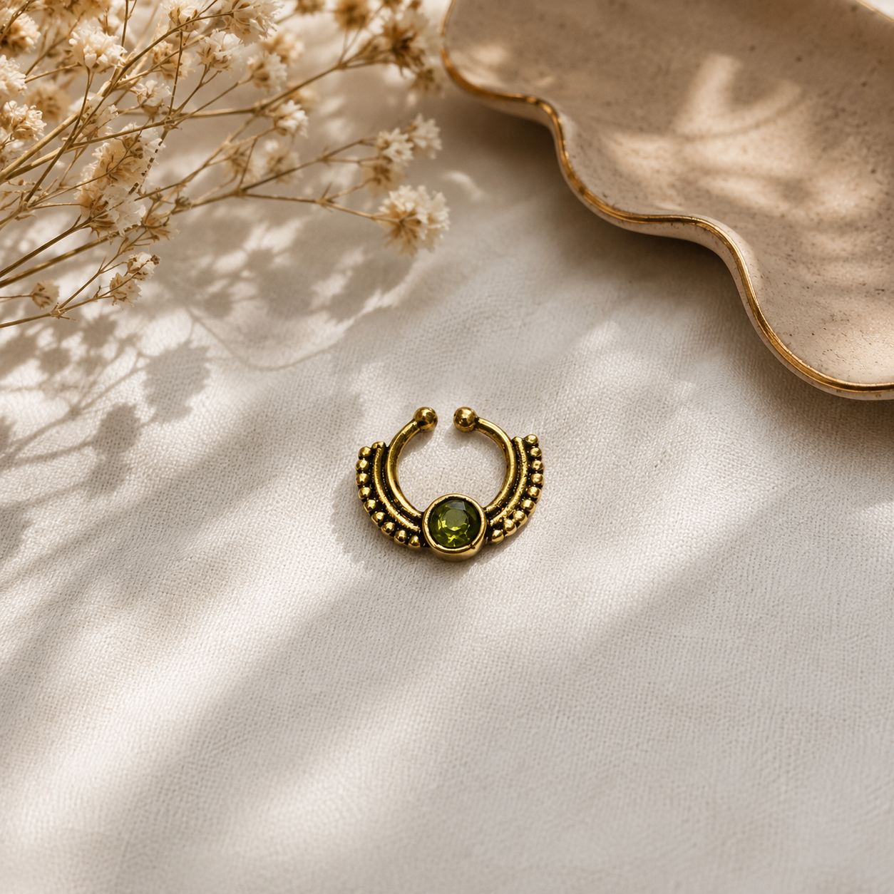Gold Blue Gemstone Nose Ring Ornate Hoop Bohemian Septum Jewelry SEP09-BRS-LPD01