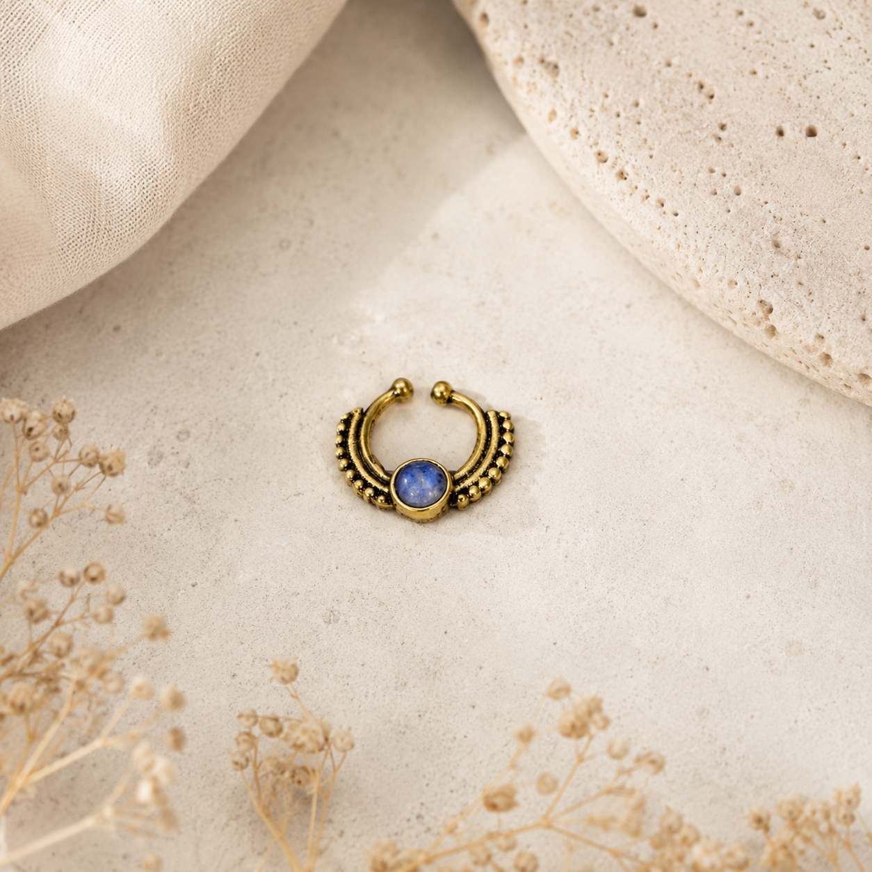 Gold Blue Gemstone Nose Ring Ornate Hoop Bohemian Septum Ethnic Jewelry SEP09-BRS-NMS01