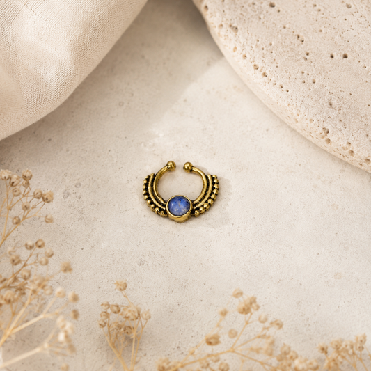 Gold Blue Gemstone Nose Ring Ornate Hoop Bohemian Septum Ethnic Jewelry SEP09-BRS-NMS01
