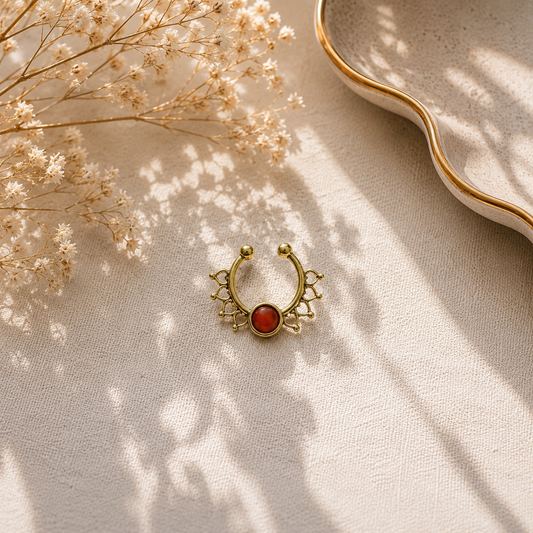Gold Blue Gemstone Nose Ring Ornate Hoop Bohemian Septum Jewelry SEP10-BRS-LCL01