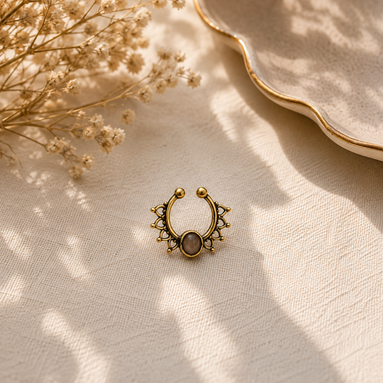 Gold Blue Gemstone Nose Ring Ornate Hoop Bohemian Septum Jewelry SEP10-BRS-NPMS01