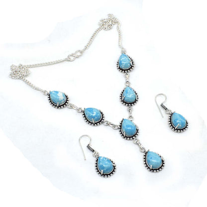 Silver Plated Blue Larimar Earring Necklace Set Wedding Jewelry Bridal SET-451