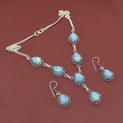 Silver Plated Blue Larimar Earring Necklace Set Wedding Jewelry Bridal SET-451