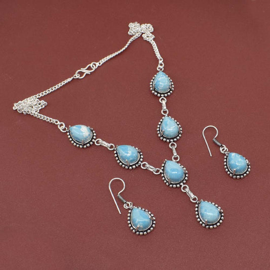 Silver Plated Blue Larimar Earring Necklace Set Wedding Jewelry Bridal SET-451