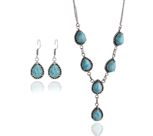 Silver Plated Blue Larimar Earring Necklace Set Wedding Jewelry Bridal SET-451