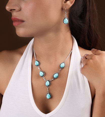 Silver Plated Blue Larimar Earring Necklace Set Wedding Jewelry Bridal SET-451