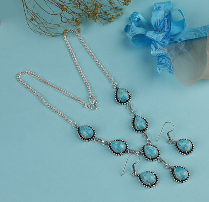 Silver Plated Blue Larimar Earring Necklace Set Wedding Jewelry Bridal SET-451