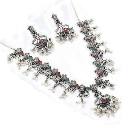 Stylish Oxidized Multi Quartz Flower Earring Necklace Fashion Jewelry Set SET-613