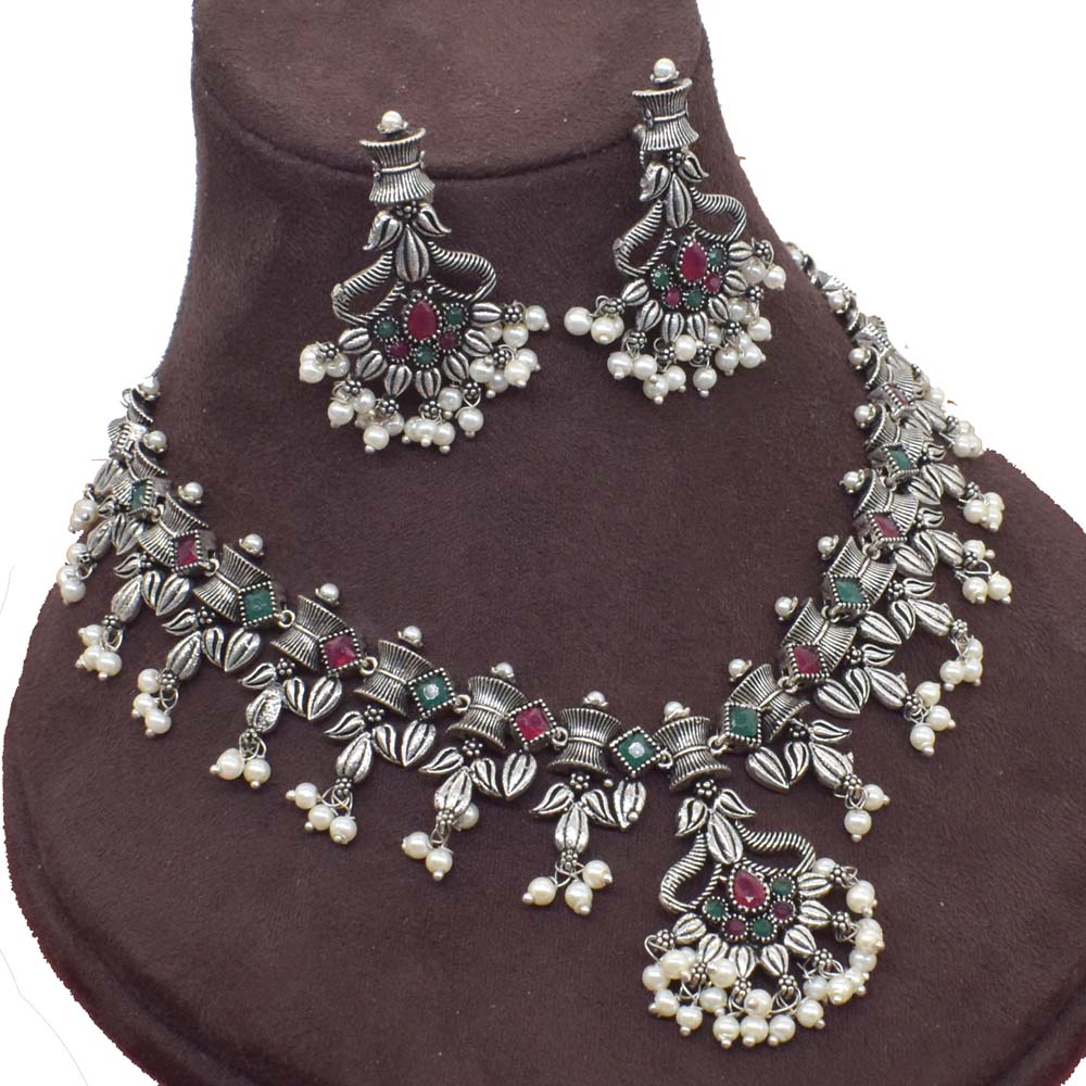 Stylish Oxidized Multi Quartz Flower Earring Necklace Fashion Jewelry Set SET-613
