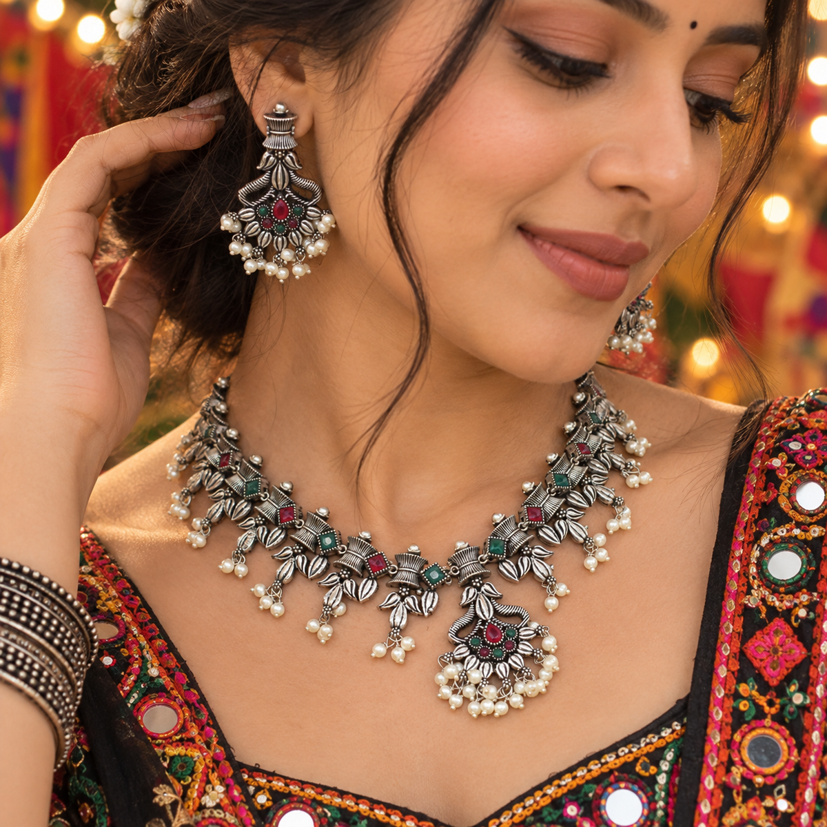 Stylish Oxidized Multi Quartz Flower Earring Necklace Fashion Jewelry Set SET-613