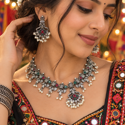 Stylish Oxidized Multi Quartz Flower Earring Necklace Fashion Jewelry Set SET-613