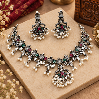 Stylish Oxidized Multi Quartz Flower Earring Necklace Fashion Jewelry Set SET-613